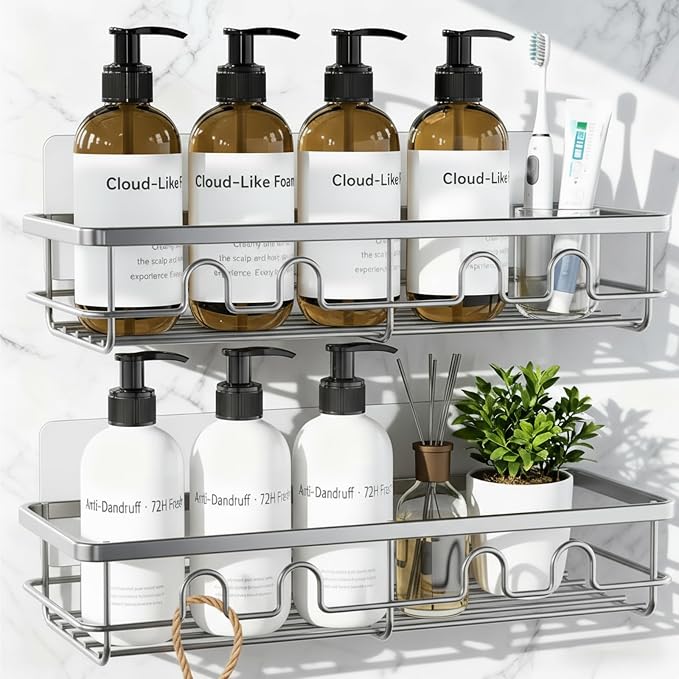Adhesive Shower Caddy, Large Capacity Shower Racks for Inside Shower, No Drill Bathroom Shower Organizer and Storage, 2 Pack Silver Bathroom Shelves, Home Decor Rv Accessories, Apartment