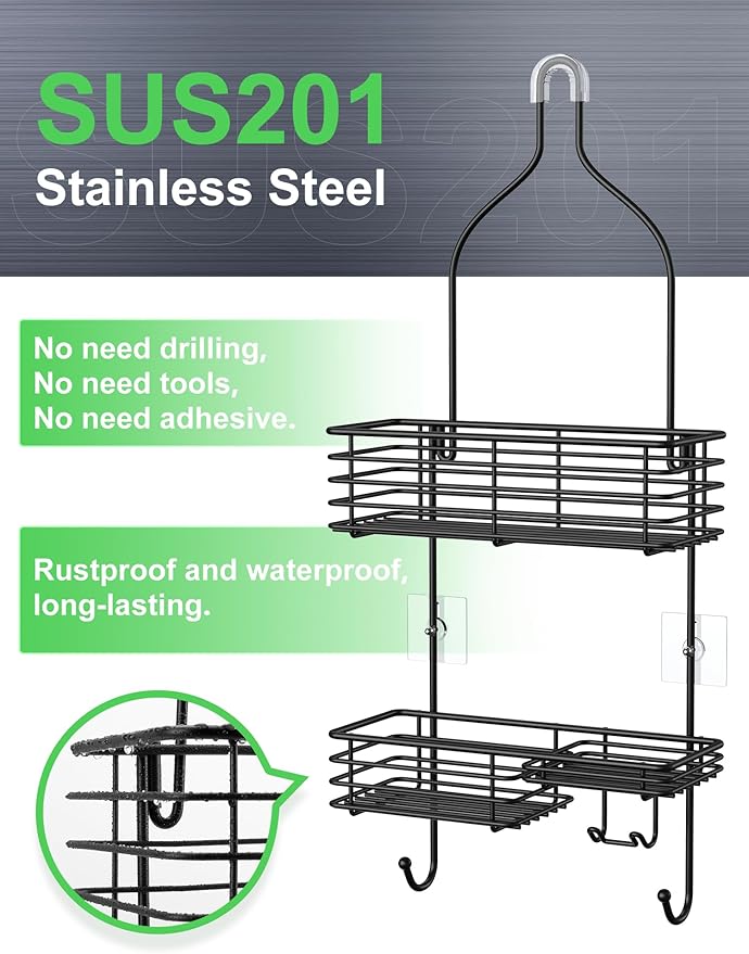 SMARTAKE Hanging Shower Head Caddy, Rustproof Bathroom Shower Shelf Organizer, SUS201 Stainless Steel Over The Storage Rack, for Toilet, Bathroom, Black
