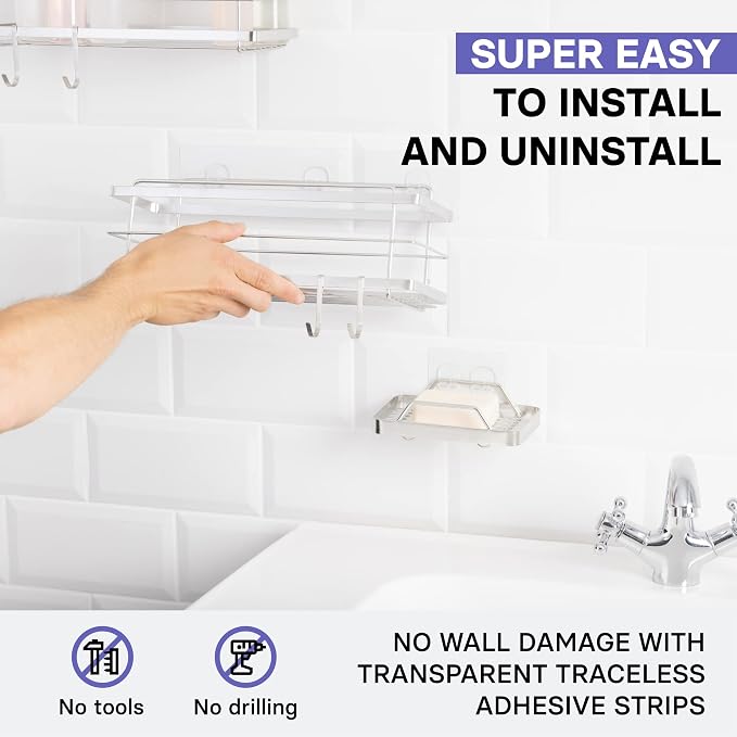 KINCMAX Premium Shower Caddy with Soap Holder, 2-Pack Adhesive Organizer, No Drill Bathroom Shelves, Rustproof Stainless Steel Shelves for Inside Shower, Storage Rack, Silver