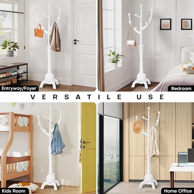 Bekrvio Coat Rack, Solid Wood Coat Racks Stand, Free Standing Coat Rack Coat Hanger with Hooks for Jaceket, Winter Coats, Entryway, Hallway, Bedroom - Load 160lbs (White)