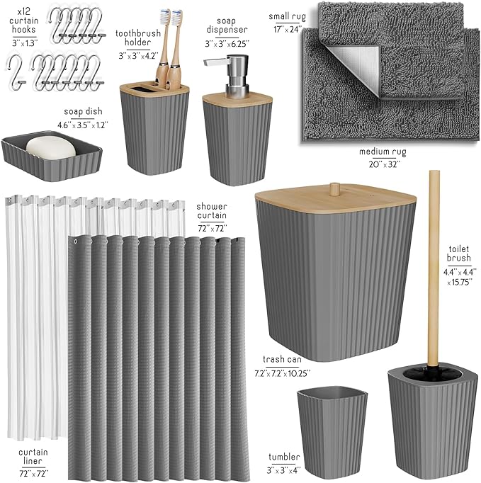 Clara Clark Bathroom Accessories Set - Bathroom Set, Bathroom Sets with Shower Curtain and Rugs, Shower Curtain Set with Bathroom Trash Can - Grey - 22PC