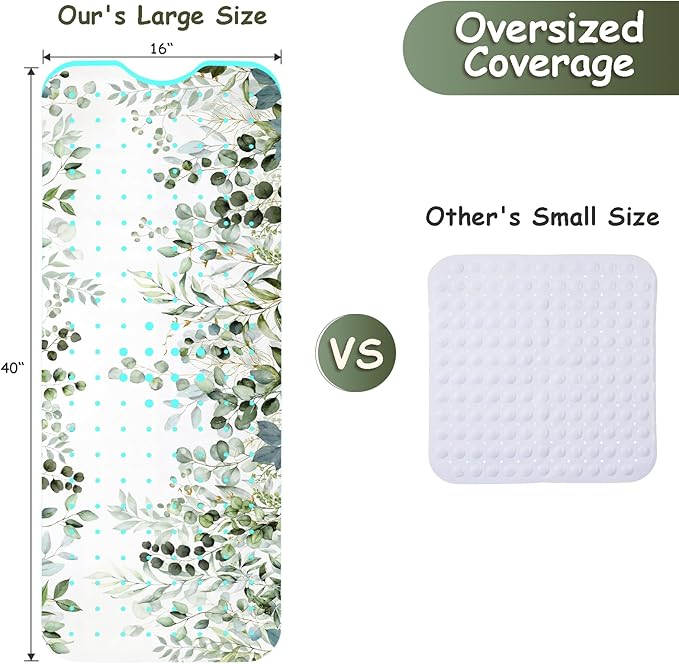 Bathtub Mat Non Slip, Sage Extra Long Bath tub Mat Shower Floor Mat with Suction Cups and Drain Holes for Adults Kids Elderly 40 X 16 Inch