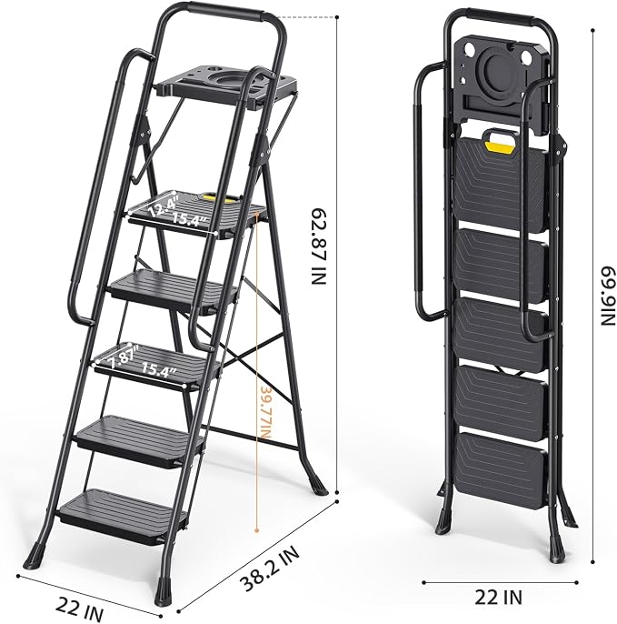 TOOLF Step Ladder, Sturdy Steel Step Stool with Anti-Slip Wide Pedals, Handrail, Safe-Lock Design, Folding Portable Ladder for Multi-Purpose, Home, Kitchen (5 Step Ladder)