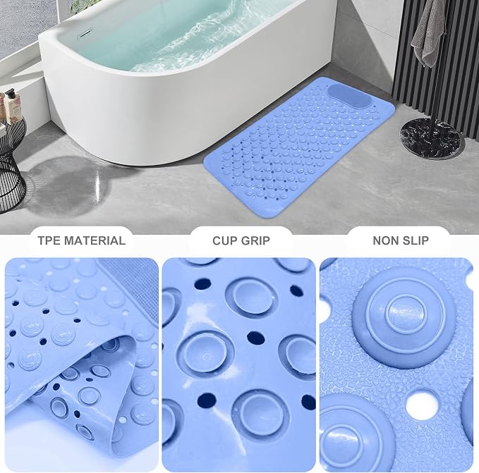 Bathtub Mat, 27x14 inch Non-Slip Bath Tub and Shower Mat with Suction Cups, Bathroom Bathtub Mats with Drain Holes Suction Cups, Machine Washable (Blue