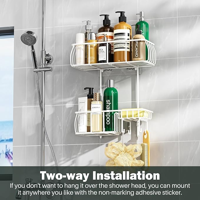 Epicano Shower Caddy Hanging Over Head, White,Stainless Steel | Rustproof,4 Hooks for Towels,Sponge and & Bathroom Accessories,Anti-Swing Suction Cups & Adhesive hooks