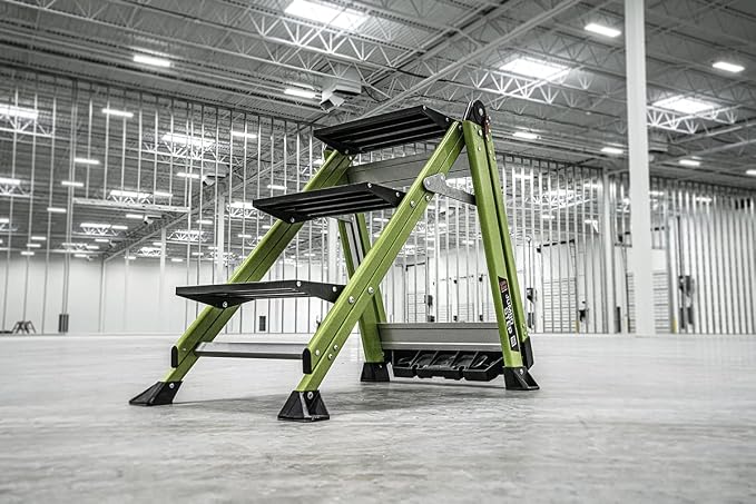 Little Giant Jumbo Step 3-Step Foldable 3-Ft Fiberglass Stool, Non-Conductive, Hi-Viz Green Rails, Extra-Wide Stair-Like Treads, Rotating Handrail, 375 lb. Type IAA, 11933