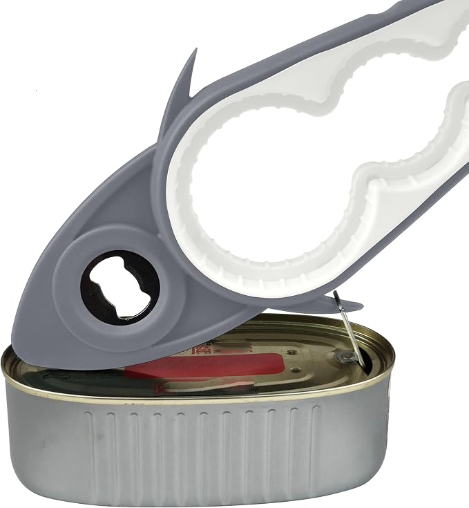 Jar Opener Bottle Opener for Arthritis, 5-in-1 Multifunctional Jar Opener, Easy to Use for Seniors and Weak Hands, Shark Shape Kitchen Gadget for jar, Beer and Bottle (Grey and White)
