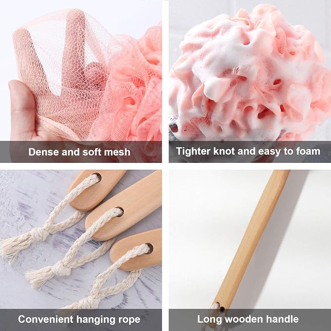 Pink Loofah with Handle - Cute Back Scrubber & Exfoliating Shower Sponge, Soft Mesh Luffa on Wooden Stick, Bath Brush for Women and Girls