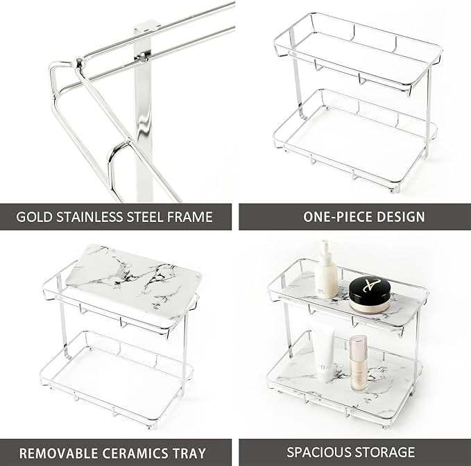 Bathroom Organizer Countertop Perfume Organizer Makeup Organizer Cosmetics Storage Display Rack Vanity Tray Dresser Stainless Steel Gold Shelf White Marble Ceramic Tray (2 Tier L-Sliver) | Perfume Organizer