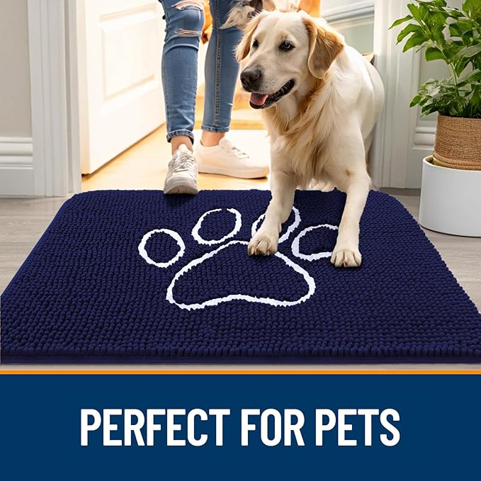 OLANLY Dog Door Mat for Muddy Paws 54x24, Paw Print Design, Absorbs Moisture and Dirt, Absorbent Non-Slip Washable Doormat, Quick Dry Chenille Mud Mat for Dogs, Entry Indoor Entryway Carpet, Navy Blue