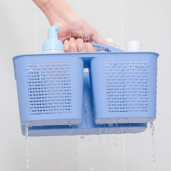 UUJOLY Plastic Portable Shower Caddy Basket Bucket, Cleaning Shower Basket with Handle Compartments Storage Basket Organizer for Bathroom Kitchen College Dorm Sink, Dark Blue