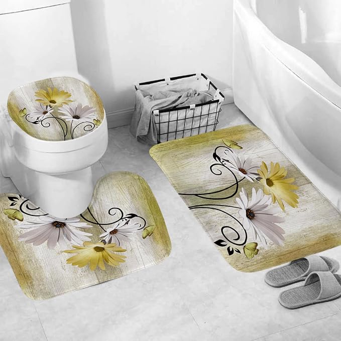 Onalasyc 4PCS Yellow Daisy Flowers Butterfly Shower Curtain Set with Shower Curtain and Carpet and Accessories, Waterproof Bathroom Shower Curtain Decorative Set with 12 pcs Hooks,71 x 71in