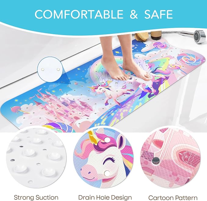 SHUCHING Girl Unicorn Bath Mat for Tub Non Slip-40 X 16 Inch, Kids Bathtub Mat Non Slip, Long Shower Mat Anti Slip for Bathroom, Machine Washable