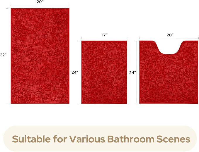 HOMEIDEAS 3 Pieces Bathroom Rugs, Ultra Soft Non Slip Absorbent Chenille Toilet Bath Mat Set (Red)
