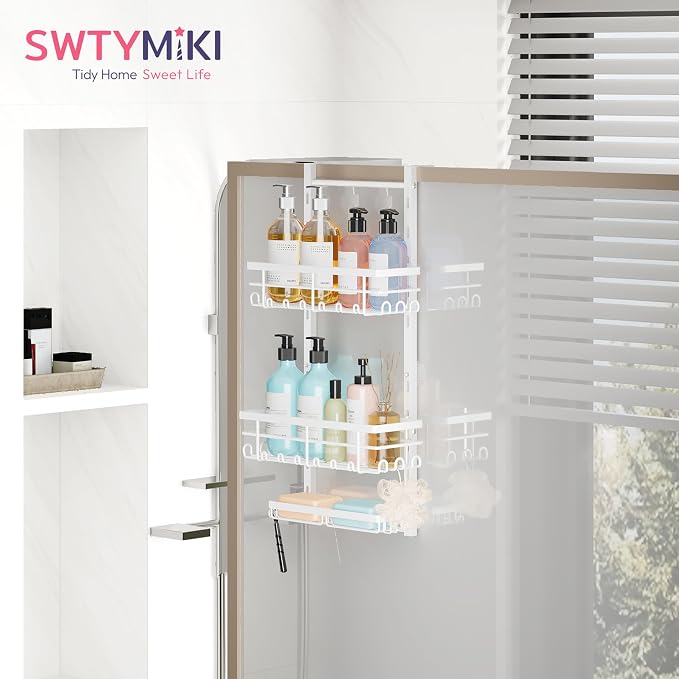SWTYMIKI Over The Door Shower Caddy - 3 Tier Rustproof Hanging Shower Organizer with Adjustable Shelves, 28 Hooks & Soap Holder, Hanging Shower Rack Storage for Bathroom Accessories, White