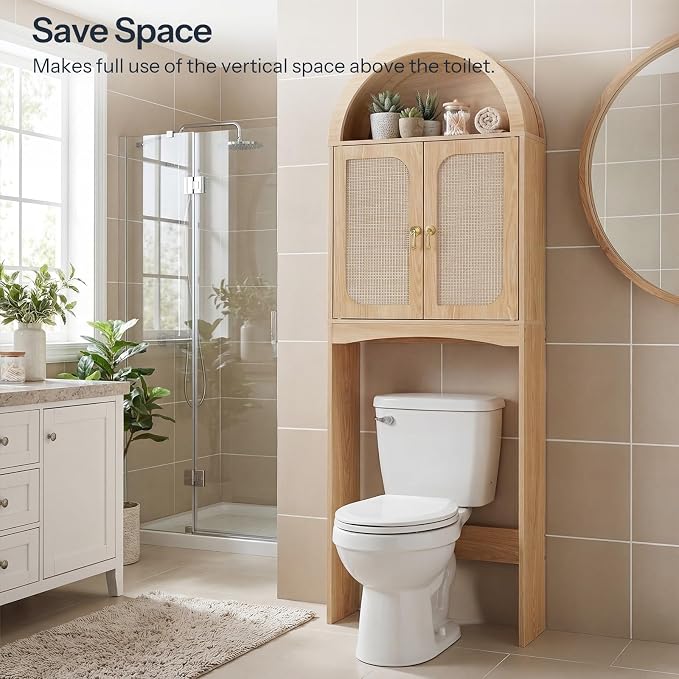 HOOBRO Arched Rattan Over the Toilet Storage Cabinet, 68.1'' Bathroom Organizer with Doors, Bathroom Storage Cabinet with Adjustable Shelf, Wooden Space Saver for Small Bathroom, Natural NL25TS01