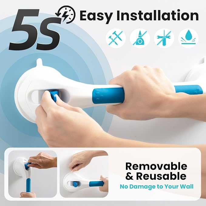 TAILI Shower Grab Bar Glow in The Dark, 16.8 in Grab Bars for Bathtubs, Shower Handles Bath Rails for Seniors and Elderly, Bathroom Safety Grip Removable No Drilling Waterproof Blue (Pack of 2)