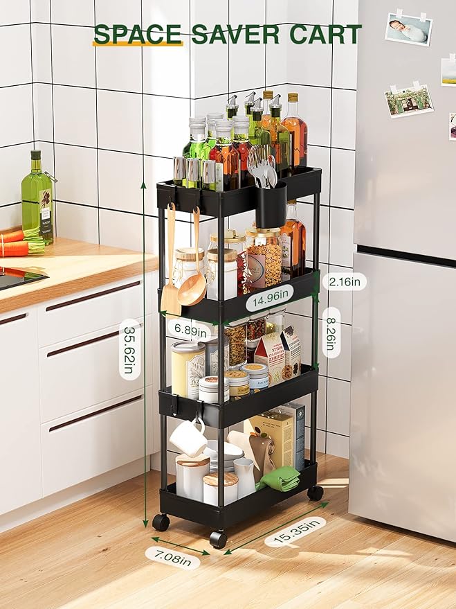 LEHOM Slim Rolling Storage Cart - 4 Tiers Bathroom Organizer Utility Cart Slide Out Storage Shelves Mobile Shelving Unit for Kitchen, Bedroom, Office, Laundry Room, Small Narrow Spaces（7.1" W+Black）