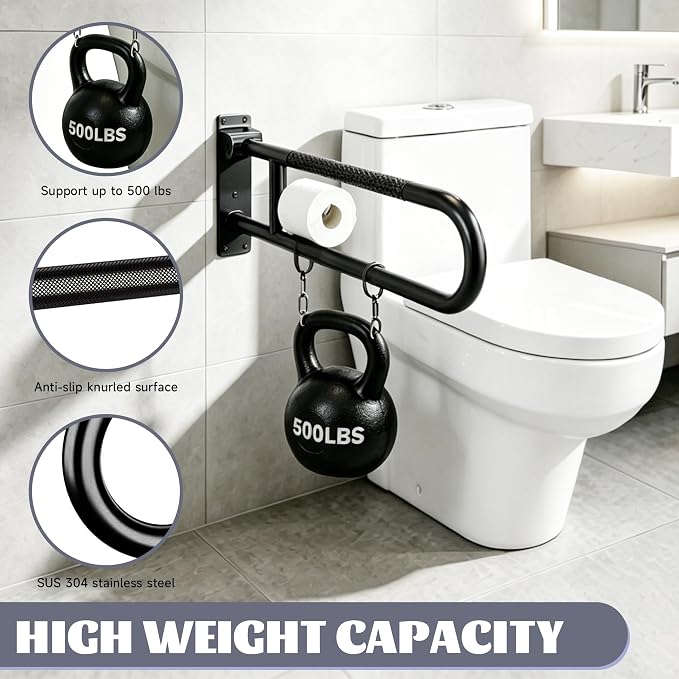 22.5 Inch Toilet Grab Bar, HUAS Black Anti Slip Bathroom Toilet Safety Rails, U Shaped Flip-Up Handicap Grab Bars w/Paper Holder, Stainless Steel Support Handrail for Elderly Disabled Senior