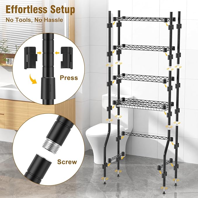 EAGMAK 4 Tier Over The Toilet Storage Rack, Bathroom Organizers and Storage Over Toilet with Adjustable Shelf and Basket, Above Toilet Storage Bathroom Cabinet for Small Space (Black)