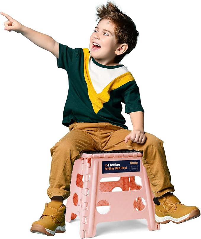 Flottian 13" Folding Step Stool for Adults and Kids Holds Up to 300 lbs,Non-Slip Folding Stools with Handle, Compact Plastic Foldable Step Stool for Bathroom,Bedroom, Kitchen,Sakura Pink,1PC