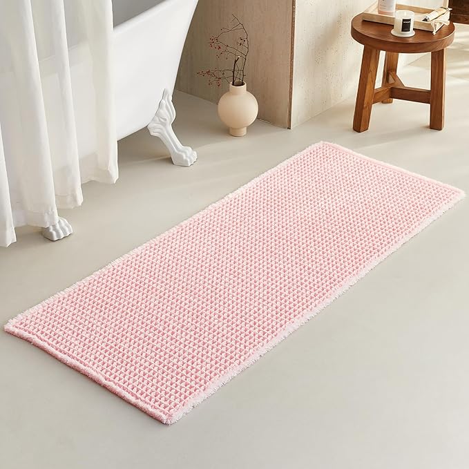 TYUU Light Peachy Pink Long Bathroom Rugs, Waffle Runner Rug Bathroom Non Slip Washable Quick Dry Cute Bath Mat Boho Farmhouse Bath Mat, 60"x24" Light Peachy Pink