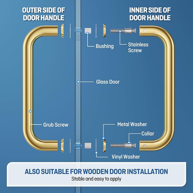 Ranbo Polished Gold 8" （CTC） Tubular Back-to-Back Shower Door Handle，Heavy-Duty 1.0mm Thick 304 Stainless Steel, for 1/4"- 1/2" Thick Glass and 1-3/8" - 2-1/6" Thick Wooden or Metal Doors