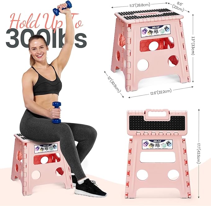 Delxo Folding Step Stool, 13 inch Non-Slip Foldable Stools Up to 300 LBS, Step Stool with Handle, Lightweight for Kitchen, Bathroom, Bedroom, Garden Stepping Stool with Dotted, Pink,1 PC
