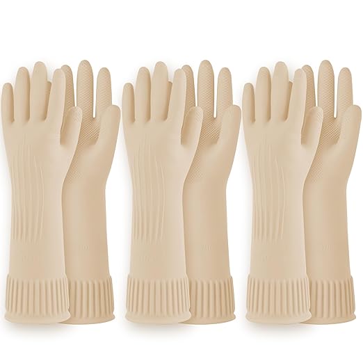 DABOGOSA Reusable Waterproof Household Dishwashing Cleaning Rubber Gloves, Non-Slip Kitchen Glove (Ivory, Medium (Pack of 3))