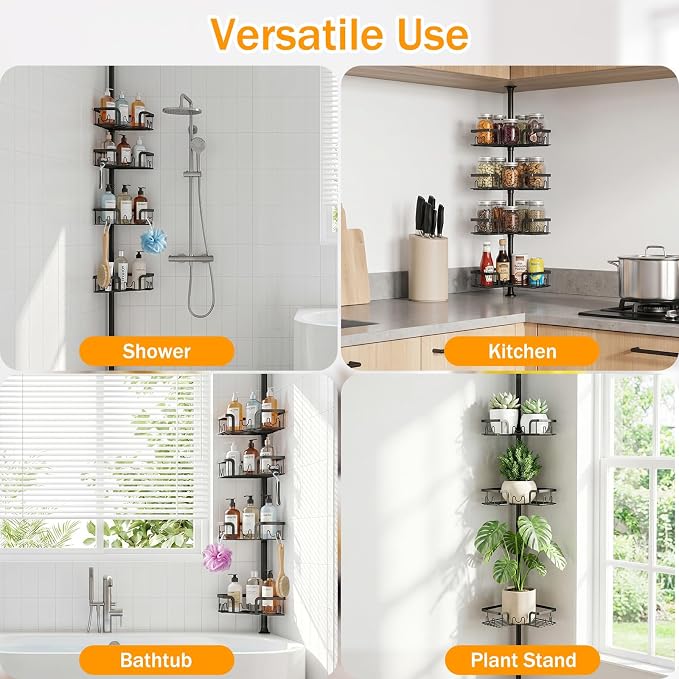 Corner Shower Caddy with Tension Pole, 4-Tier Rustproof Bathroom Organizer Shelves, No-Drill Adjustable Shower Storage Rack 42–115 Inches, Space-Saving Floor Standing Shower Organizer