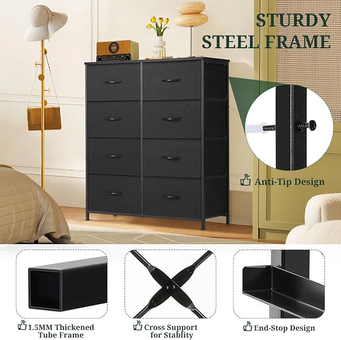 8-Drawer Dresser for Bedroom, Anti-Tip Tall Storage Organizer Chest of Drawers with Wooden Top and Metal Frame Fabric Bins for Closet, Living Room, Hallway, Entryway, Black