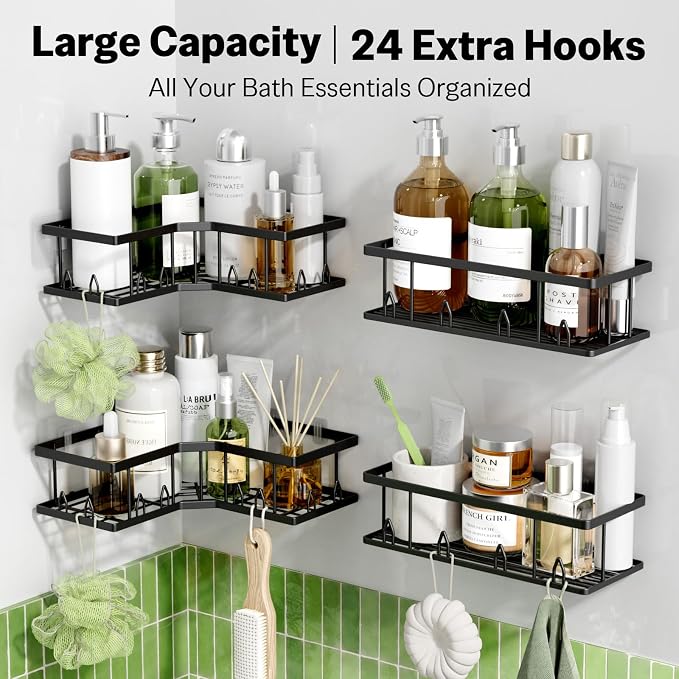 Shower Shelf Corner, 7-Pack Adhesive Shower Caddy, Metal Shower Caddy with Soap Holder, Black Shower Shelves No Drilling Bathroom Caddy for Shower, Home Decor Rv Accessories, Apartment