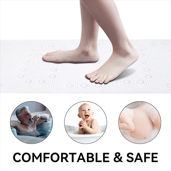 Bathtub Mat Non Slip Ivory 36” X 17” Shower Mat Soft Foam Bath Mats for Bathroom Tub, Bathtub Mat with Drain Holes, Suction Cups, Shower Mat Non Slip
