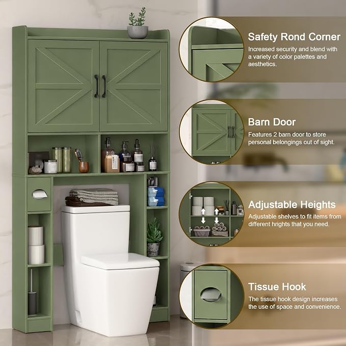 Vabches Over The Toilet Storage Cabinet, Farmhouse Toilet Cabinet Rack with Barn Doors, Space Saving Bathroom Organizer with Shelves, Toilet Paper Holder and Towel Rack for Bathroom,Laundry, Green