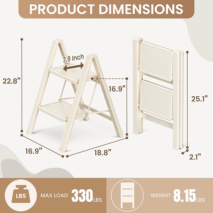 2 Step Ladder Folding Step Stool with Wide Anti-Slip Pedal, 330LBS Capacity, Lightweight Portable Stepladder for Home and Kitchen Use, Cream White