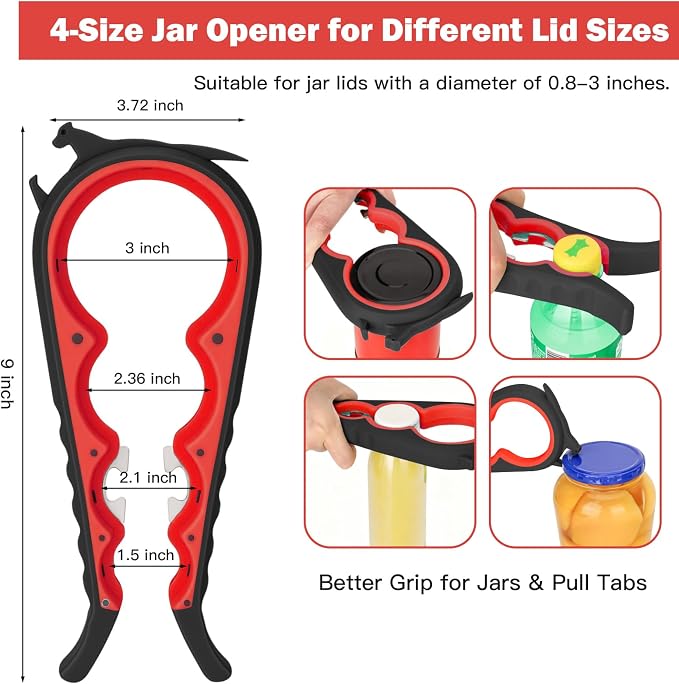 Jar Opener Set - 6-in-1 Adjustable Jar Opener Can Opener, 4-in-1 Bottle Opener Lid Opener & Rubber Jar Gripper, Multifunctional Kitchen Gadget for Seniors, Arthritis, Weak Hands (Red&Black)