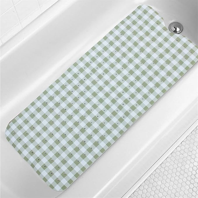 Green Bathtub Mat Non Slip 40x16 Inch Extra Long Bath Mat, Checkered Modern Art Shower Mat, Bath Mat for Tub Anti Slip with Large Drain Holes Suction Cups, Geometric Design Bathroom Mat Green