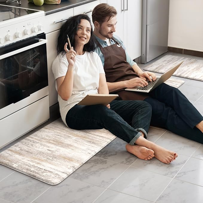 KIMODE Kitchen Mats Cushioned Anti Fatigue, Abstract Farmhouse Kitchen Rugs Sets of 2, Non Slip Kitchen Mats for Floor, Padded Kitchen Floor Mat for Sink Laundry Office Light Brown Multi