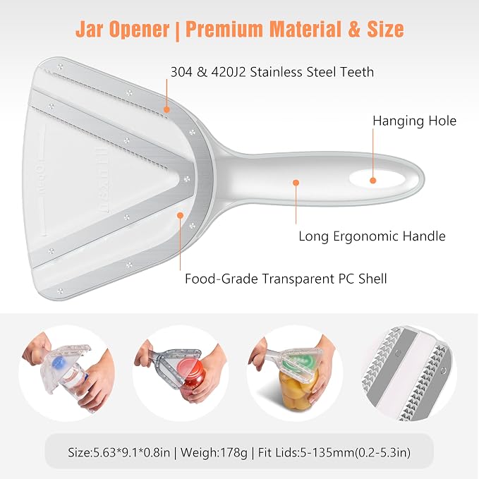 Uinxan Jar Opener for Weak Hands & Seniors with Arthritis - Handheld Manual | Effortlessly Opens Stubborn Screw Lids & Bottle Caps. 304 Stainless Steel. Durable. Patented Kitchen Gadget (Orange)
