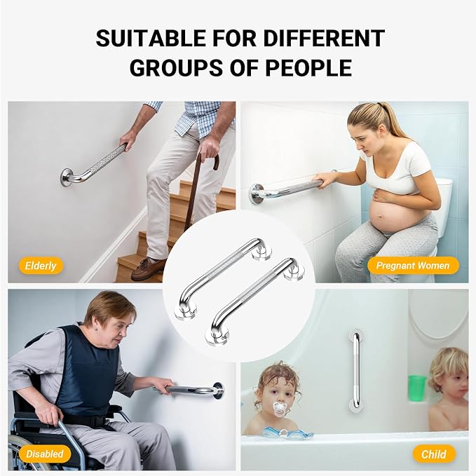 Anti Slip Grab Bars for Shower Polished Nickel, Safety Textured Grip Shower Grab Bars for Seniors, Holds up to 500LBs, Knurled Handicap Grab Bars for Wall with Concealed Screws, 12 Inch
