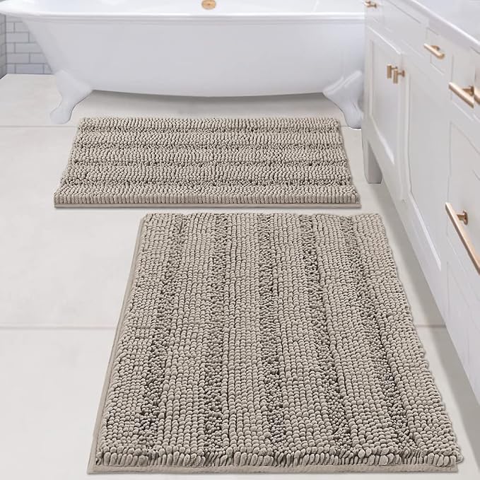 H.VERSAILTEX 2 Piece Bathroom Set - Super Absorbent Chenille Striped Bath Mats, Non Skid, Machine Washable (Taupe, 24 x 36 Plus 20 x 32 Inches)