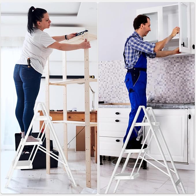 DIAMONDFORGE 3 Step Folding Ladder, Heavy Duty Steel Step Stool with Anti-Slip Wide Pedal & Anti-Slip Feet, 600 lbs Capacity, Safety Ladder for Home and Office, White