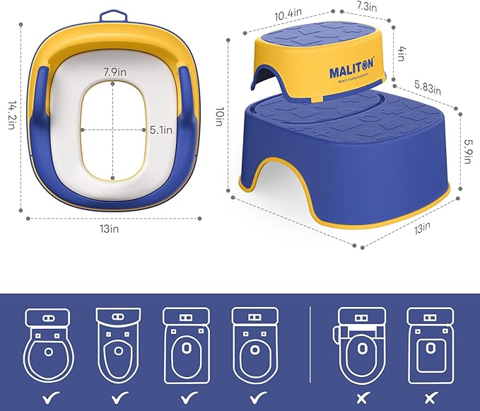Maliton Potty Training Toilet Seat with Step Stool Ladder for Kids, Toddler Toilet Seat with Anti-Slip Stool for Boys Girls, Toddler Step Stool Set (Blue&Yellow)