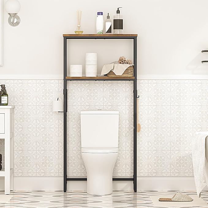 HOOBRO Over The Toilet Storage, 2-Tier Bathroom Organizer Over Toilet, Freestanding Bathroom Storage Shelves with Toilet Paper Holder and Hooks, Space Saver for Room, Rustic Brown and Black BF49TS01