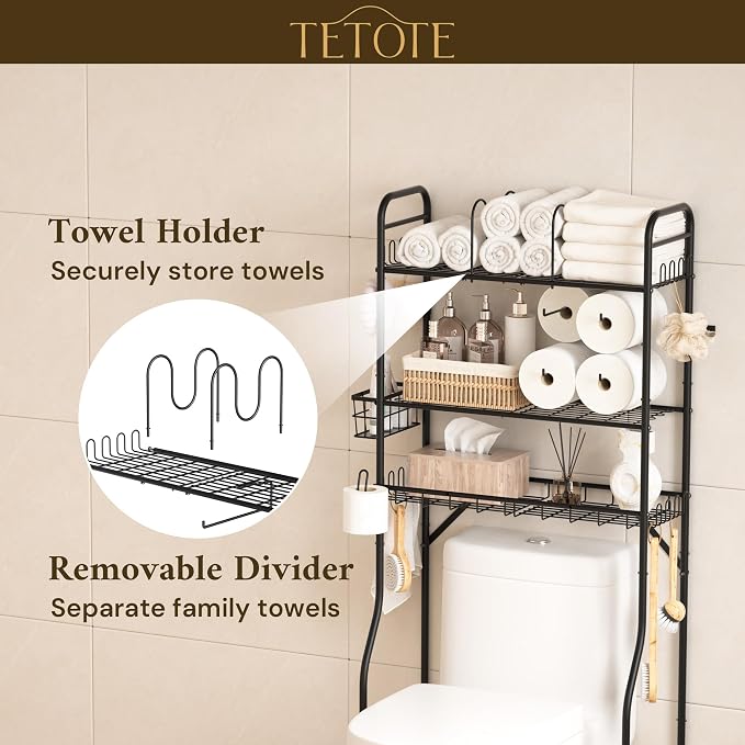TETOTE Over The Toilet Storage Rack, 3-Tier Bathroom Organizer Shelf Over Toilet with Toilet Paper Roll Holder, Freestanding Metal Rack, Black