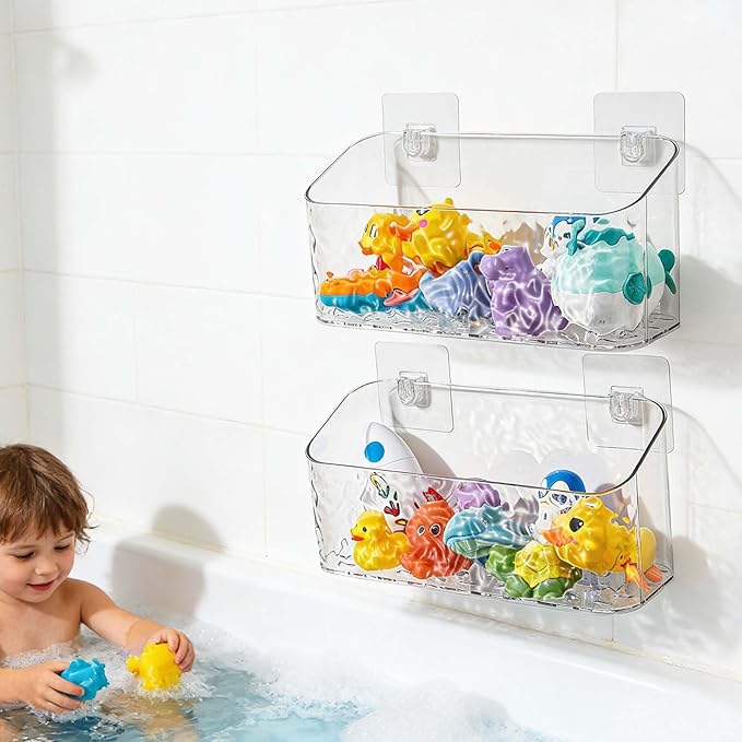 Bath Toy Storage Organizer, Bathtub Toy Storage Holder, Large Capacity Wall Mounted Shower Caddy Shower Organizer, No Drill Shelves Basket, Wave, 2 Pack