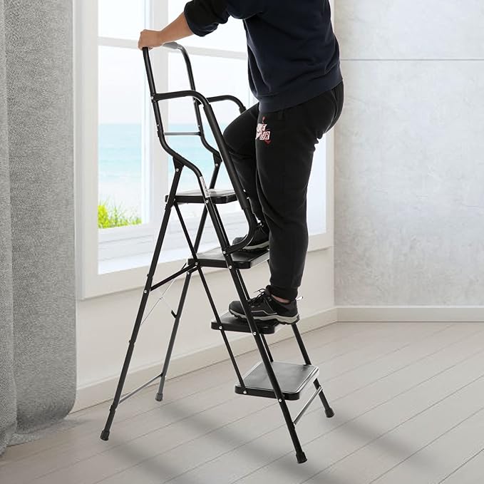 WiberWi 4 Step Ladder with Handrails 500 lb Capacity Step Stool Folding Portable Ladders for Home Kitchen Steel Frame with Non-Slip Wide Pedal Stepladder with Attachable Tool Bag Black