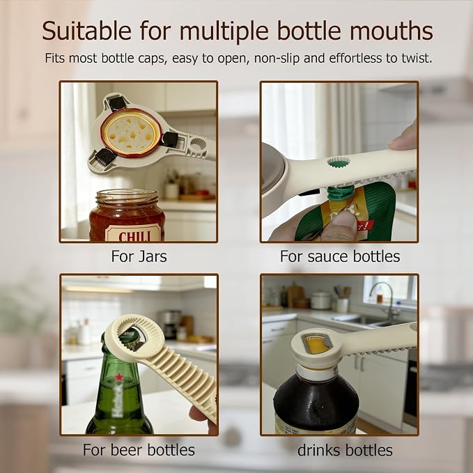 4-in-1 Jar Opener, Adjustable Jar Opener for Seniors, Kitchen Tool Designed Specifically for Seniors and Those with Limited Physical Strength, Suitable for Beer, Salad Dressing, Jar (Beige)