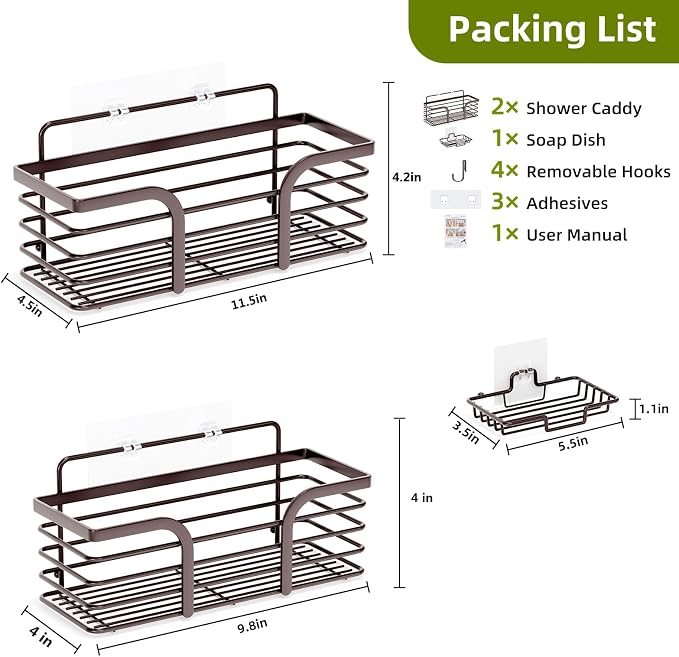 Yougai Shower Caddy, Shower Organizer with Soap Holder and Hooks, Rustproof Shower Shelves, No Drilling Bathroom Organizers and Storage, Wall-Mounted Kitchen & Home Decor (Brown)