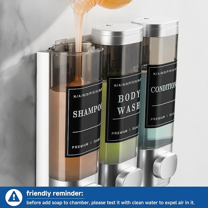 Shower Soap Dispenser Wall Mounted No Drill Shampoo Dispenser for Shower Wall Shampoo and Conditioner Dispenser Bathroom Hotel 3 * 300ml with Waterproof Labels Sliver